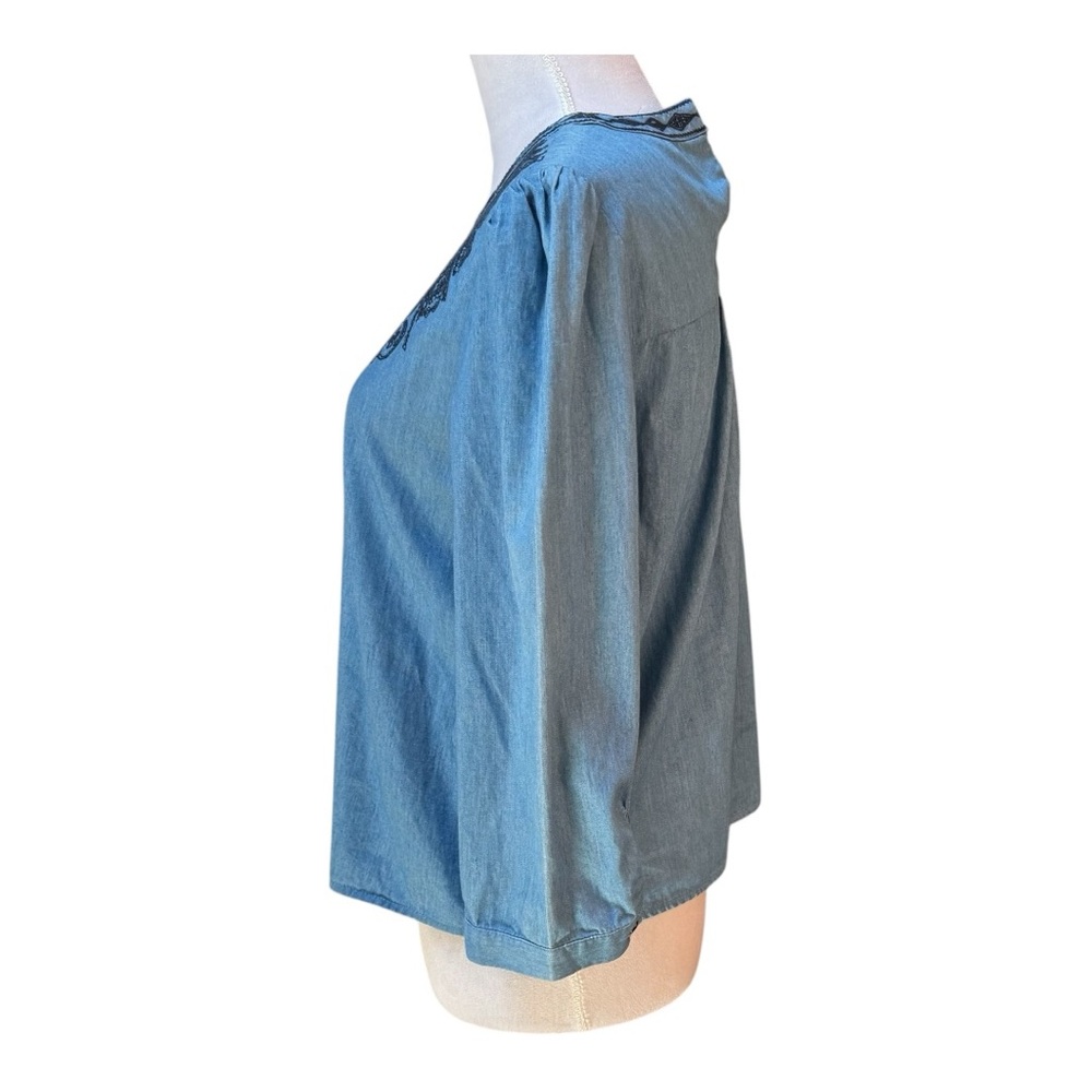 Sacred Threads Blue Denim Embroidered Boho Peasant Blouse Top S/M - Picture 2 of 9
